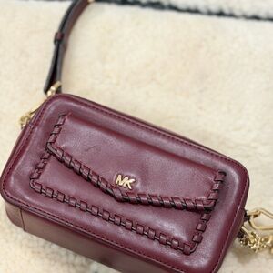 Michael Kors Wine Leather Crossbody with Woven Trim